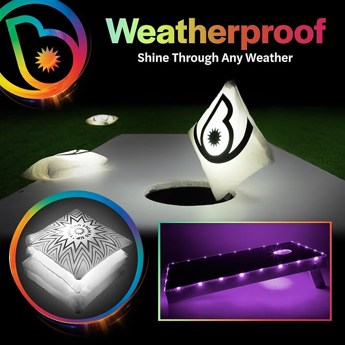 Brightz Cornhole Board Edge Lights with LED Bags - Includes 4-Pack of LED Cornhole Bags + TossBrightz Cornhole Board Edge Lights - The Ultimate Night Time Cornhole Master Set