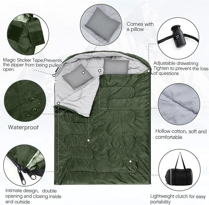 Tranqun 2 Pack Double Sleeping Bag for Adults, Queen Size Two Person Camping Sleeping Bag with Pillow Waterproof 3 Season Cotton Fabric for Hiking Backpacking Warm & Cold Weather