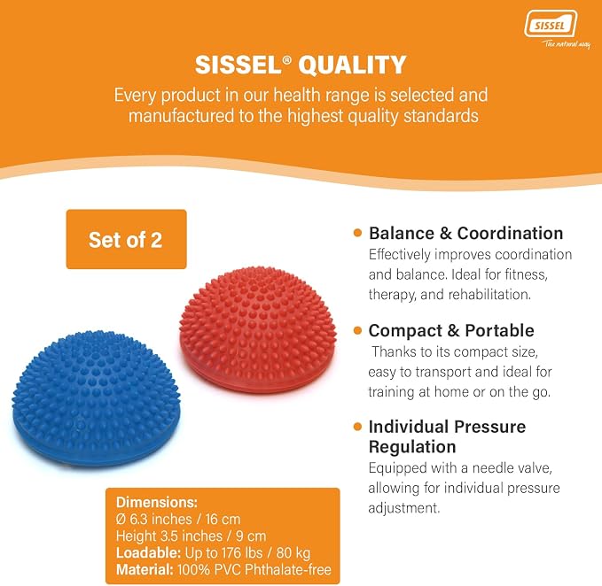 SISSEL Spiky Dome Set of 2 | Balance & Coordination Training Device | 100% Phthalate-Free PVC | Colors: Blue & Red | Foot Massage & Fitness | Supports up to 176 lbs | Ideal for Home Gym & Therapy