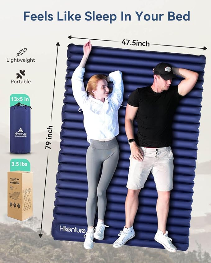 Hikenture Double Sleeping Pad for Camping, Ultralight 4" Extra-Thick Camping Mattress 2 Person, Inflatable Backpacking Sleeping Mat, Hiking Air Mattress for Tent (Navy Footpump 79x47.5in)
