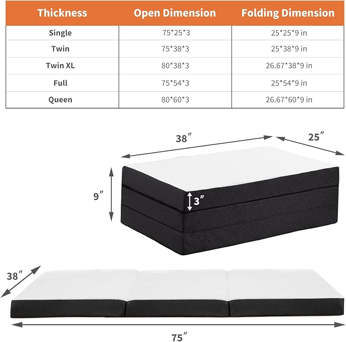 Folding Memory Foam Pads, 3" Tri-Fold Twin Topper with Washable Cover, Portable Guest Floor Bed Non-Slip for Travel Camping