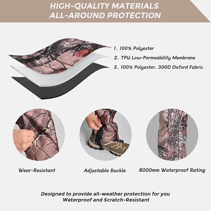 Leg Gaiters- Waterproof Boot Gaiter for Men & Women, with 1000D Wear Resistantand Snowproof and Waterproof Leg Protectors for Hiking and Camping
