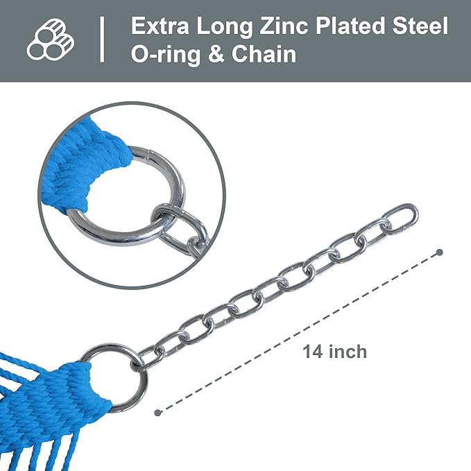 SUNCREAT Rope Hammock with Spreader Bar, Carrying Bag, 450 lbs Capacity, Two Person Hammock with Tree Hooks, Blue