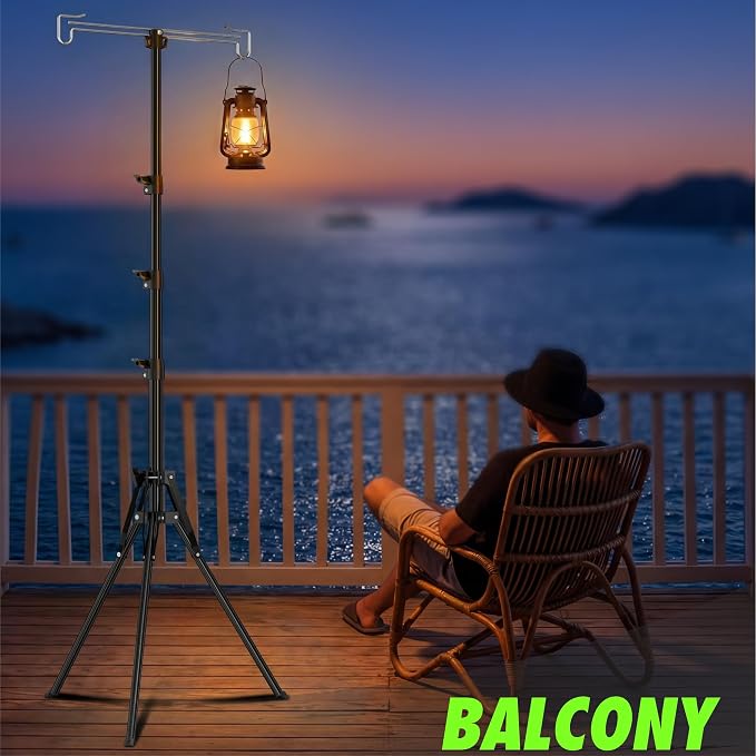 Telescopic Height Adjustable Camping Lantern Tripod Stand - 2-Hook Lantern Hanger for Outdoor Camping/RV/Tent
