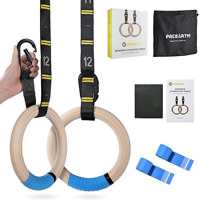 PACEARTH Gymnastics Rings 32mm Wooden Olympic Rings Support 1500lbs Locked Carabiners 9ft Double-Layer Numbered Straps Non-Slip Gym Rings with Foot Straps Door Anchor for Home Gym Full Body Workout