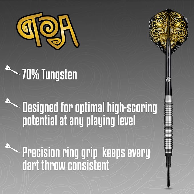 Shot! Darts Soft Tip TOA, 70% Tungsten Barrels, Center Weighted, Pro Throwing Darts for Maximum Aerodynamics Handcrafted Professional Dart Set and Flights Made in New Zealand, Plastic Tip Bar Darts