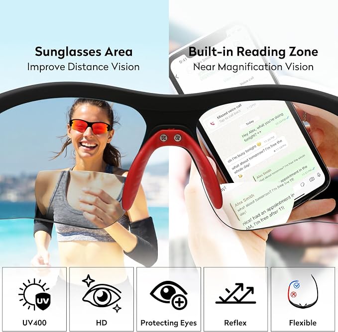 Attractive Bifocal Reading Sunglasses for Women, Durable TR90 Semi Rimless Wrap Around Design Sun Readers, UV400 Near-Far Sun Glass Built in Outdoor Sports/Driving/Finshing, +1.5