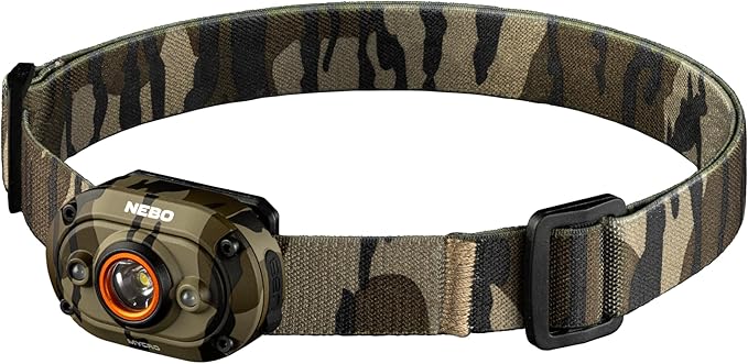 NEBO MYCRO 450 Headlamp | 450 Lumens, 6 Light Modes, White Red & Green Light, USB Rechargeable, Water Resistant, Adjustable Strap, Cap Light, Bright Light for Camping & Hiking – Mossy Oak Bottomland