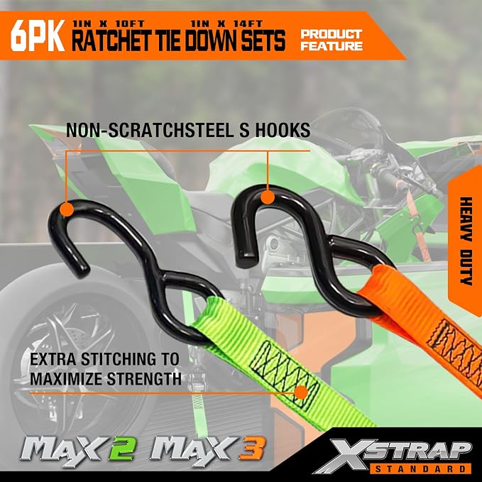XSTRAP STANDARD 6-Pack Ratchet Tie Down Straps Set - 1 Inch 4 x 14ft & 2 x 10ft Tie-Down, 3300 lbs Break Strength Heavy Duty Cargo Straps with Coated S-Hooks for Moving, Motorcycle, Truck, Trailer