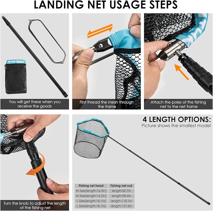 THKFISH Carbon Fiber Fishing Net - Long Handle, Portable Telescopic Landing Net - 27 to 157.5 Inch - Aluminum Mesh Frame Rubber Coated
