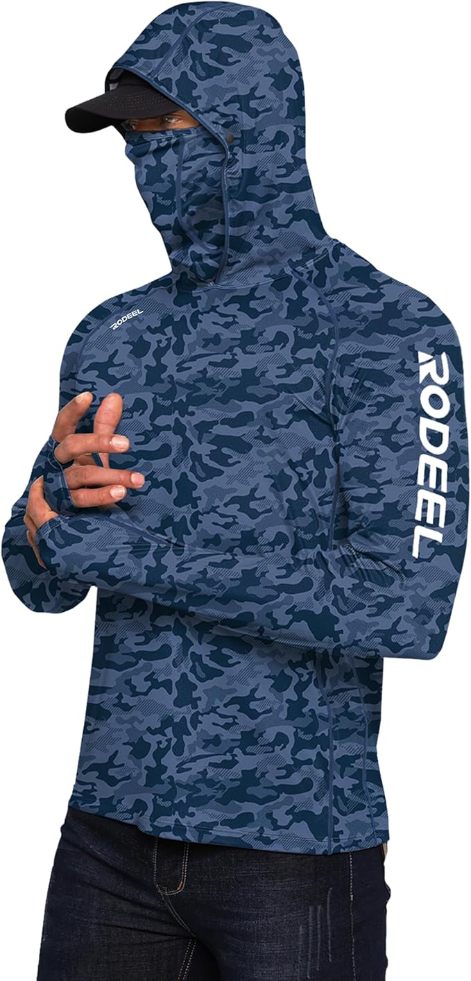 Rodeel Men's UPF 50+ Performance Fishing Hoodie, Long Sleeve Sun Protection Athletic Quick-Dry Breathable T-Shirt