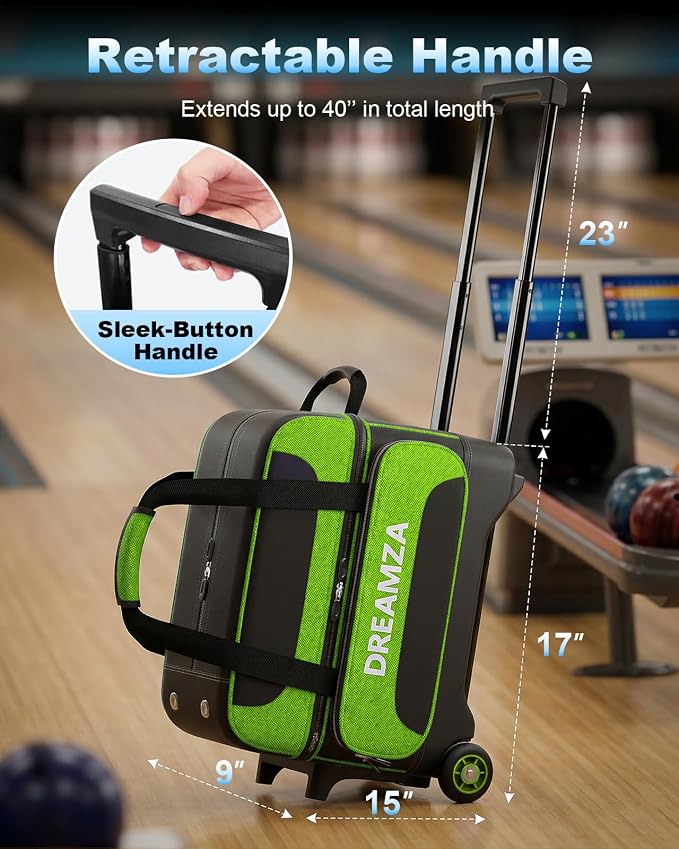 2 Ball Bowling Bag with Wheels, Double Bowling Ball Bag 2 Ball Roller w/Separate Compartment for Shoes Up to US Mens Size 16, w/Retractable Handle Extends to 40" & Accessories Pocket