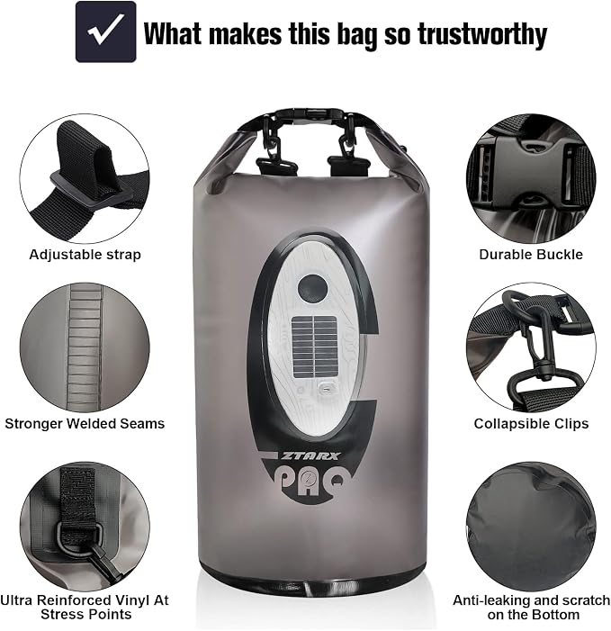 Qoolife Dry Bag Waterproof with Solar Bluetooth Speaker & Light - 10L/20L Roll Top Dry Sack Keeps Gear Dry for Men Women Kayaking, Beach, Rafting, Boating, Hiking, Camping and Fishing