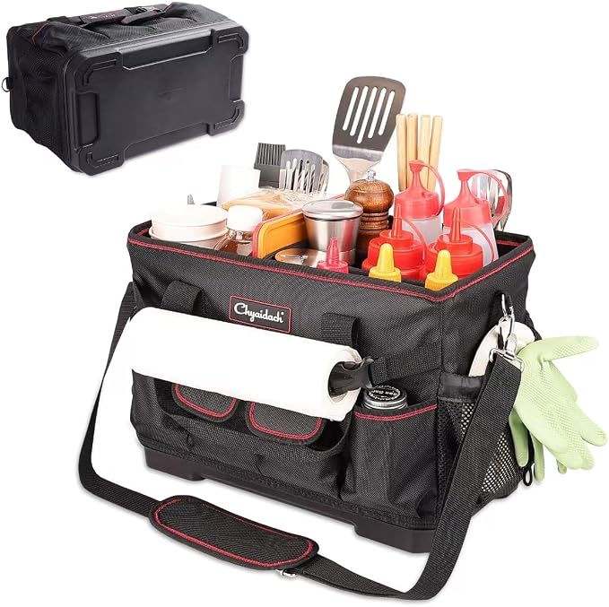 Chyaidach Large Grill Caddy with Hard Bottom and Paper Towel Holder, Picnic BBQ Condiment Utensil Organizer Caddy for Blackstone Griddle Accessories, Camping Essential, Outdoor Cooking, Tailgate, RV