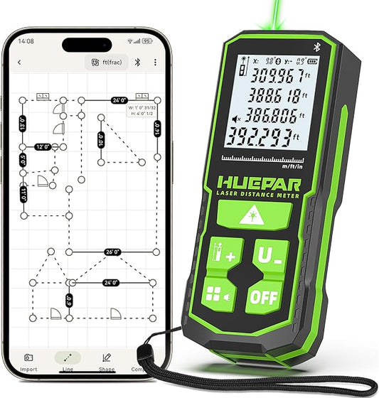 Huepar 395FT Bluetooth Green Laser Measuring Tool S120-G-BT | 1/16in Accuracy, APP Control, Angle Sensor, Carry Bag, Laser Distance Measurement Tool, Digital Laser Room Measuring Device