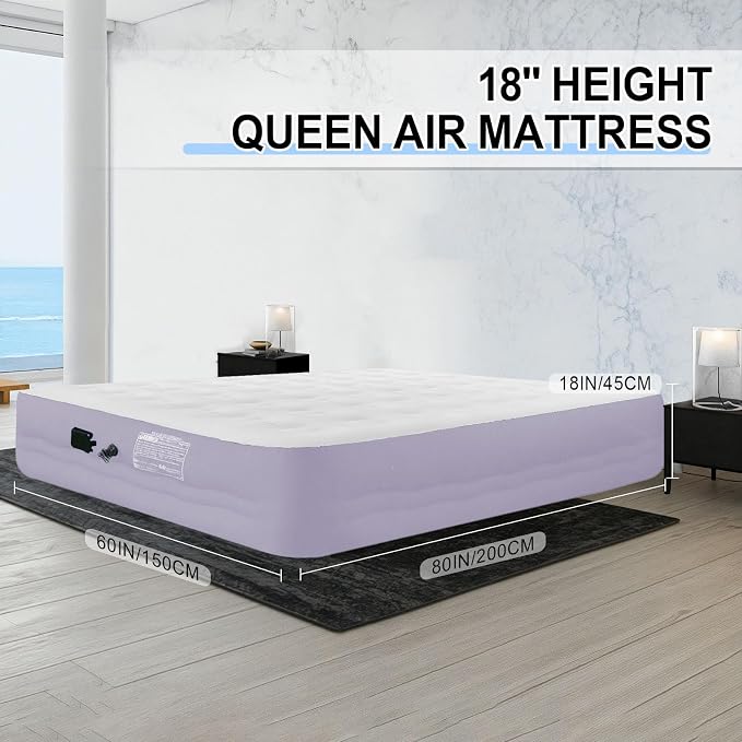 Queen Size Air Mattress with Built in Pump, 18'' Raised Blow Up Bed Inflatable Mattress for Camping & Travel, 3-Minute Quick Inflation/Deflation,Thick Velvet Texture Waterproof,18'' Purple