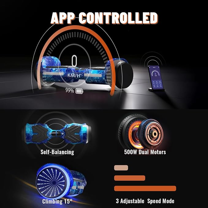 SIMATE Scooter, Colorful LED Light-Up Wheels, Bluetooth Speakers and APP, Dual 250W Motors, 8.5 mph Max Speed & 8.5 Miles Max Range, Gifts for Kids Adults Girls Boys