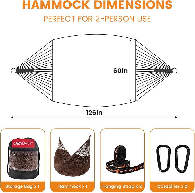 Lazy Daze Hammocks Handwoven XL Mayan Hammock, 10.5 FT Soft Rope Double Hammocks, Portable Outdoor Hammock with Carry Bag, 2 Straps & Carabiners for Patio Outside, 550 lbs Weight Capacity, Coffee