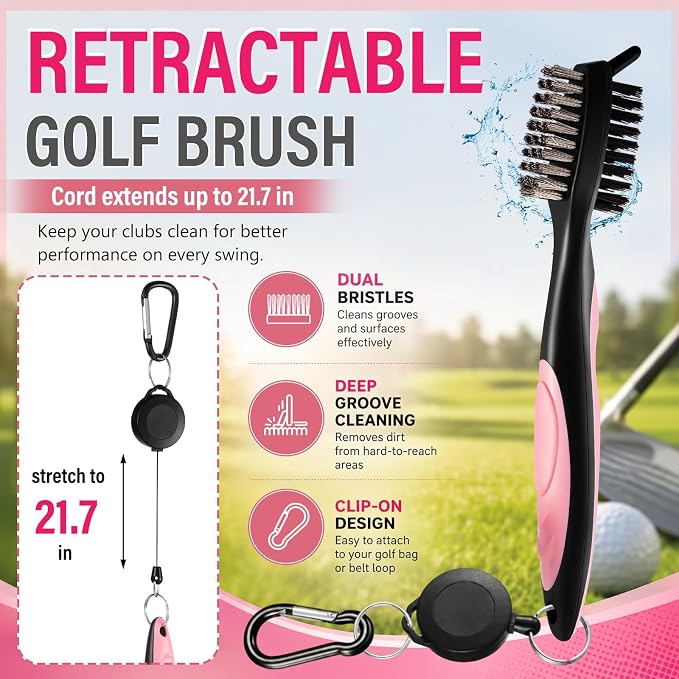 Liliful 6 Pcs Pink Golf Club Covers Set for Women, Pink V-Stripe Driver Fairway Wood Hybrid Headcovers, with Golf Towel Brush, Soft PU Leather, High Elastic Fit for Woman Ladies Gifts