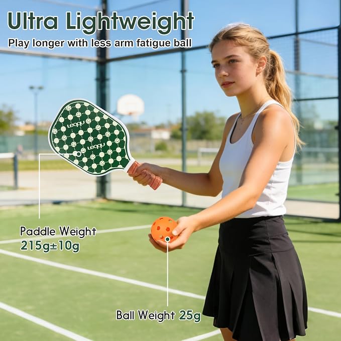 Fiberglass Pickleball Paddles Set of 2, Lightweight Pickle Ball Rackets Kit with Honeycomb Core Control Durable, 4 Outdoor Indoor Balls and Carrying Bag for Men Women