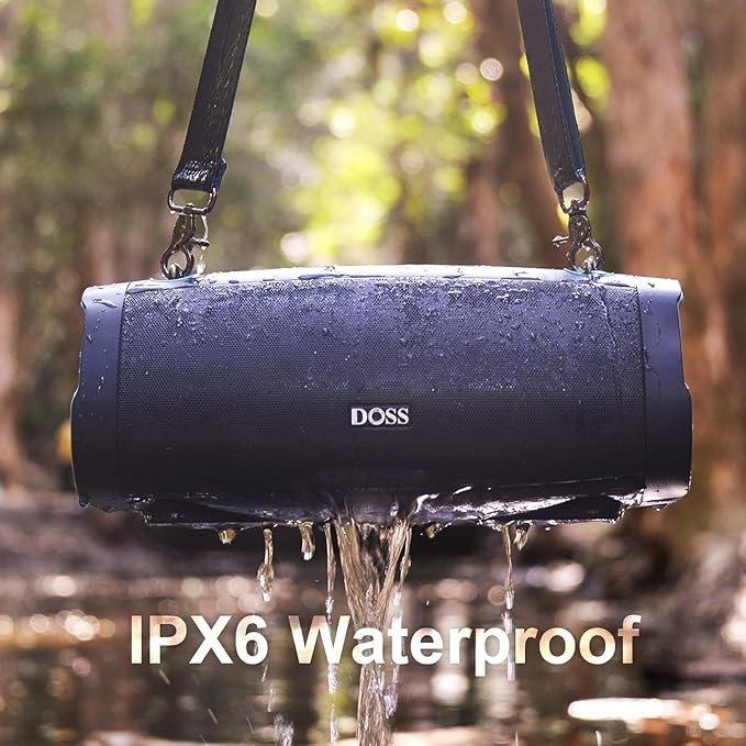 DOSS Extreme Boom Pro D100, 70W Bluetooth Speaker with Deep Bass, IPX6 Waterproof, 10400mAh 24H Battery, Built-in Power Bank, TWS Stereo Pairing & Beat-Sync Lights for Outdoor Camping Party – Black
