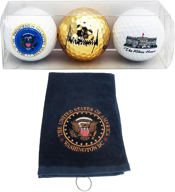 Donald Trump Commemorative Golf Ball Set and Presidential Golf Towel – Includes White Signature, Red, Presidential Seal Balls, and Navy Blue Towel with Great Seal – Limited Edition Collectible