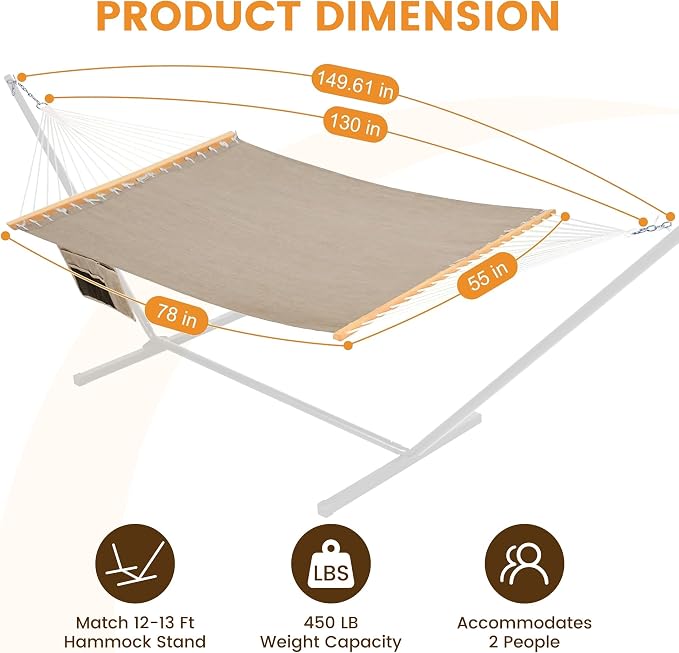 Lazy Daze Hammocks 11 FT Double Outside Hammock Quick Dry Olefin Fabric Hammock with Spreader Bar & Side Pocket for Outdoor Poolside Backyard 450 lbs Capacity, Khaki