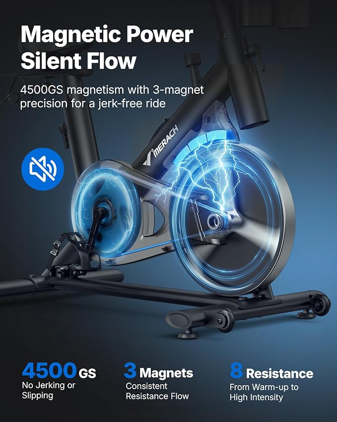 Merach Exercise Bike, Magnetic Friction Stationary Bike with Brake Pad and Exclusive App, Low Noise Indoor Cycling Bike with 300lbs Weight Capacity, Tablet Mount and Fitness Courses for Weight Loss