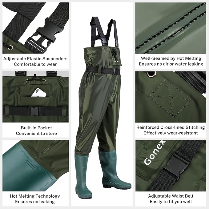 Gonex Chest Waders Hunting Fishing Waders for Men Women Waterproof 70D Nylon Wader for Duck Hunting Fishing Green, Sizes 8-13