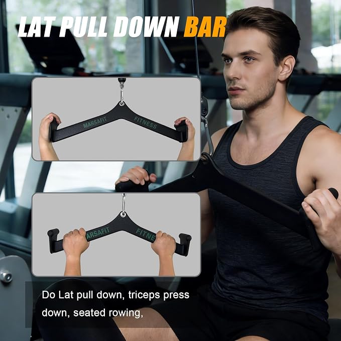 MARSAFIT Home Gym Fitness Rowing T-bar V-bar Pulley Cable Machine Attachment, Bicep Curl Tricep LAT pulldown Bar Back Strength Training Handle Grips LAT Pull Down Bar for Seat Row Workout
