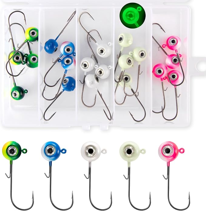 Alownder 20-Pack Fishing Walleye Jig Heads with 3D Holographic Eyes, Round Jig Heads Saltwater Freshwater Walleye jigs Live Bait jigs Bass Trout Panfish Striper Pompano Lures Hooks