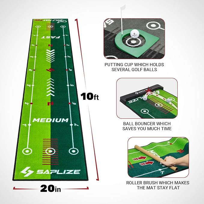 SAPLIZE Golf Putting Mat with Alignment Mirror, Two-Speed Golf Practice Mat, 20 in x 10 ft Indoor Outdoor Putting Green with Anti-Slip Backing