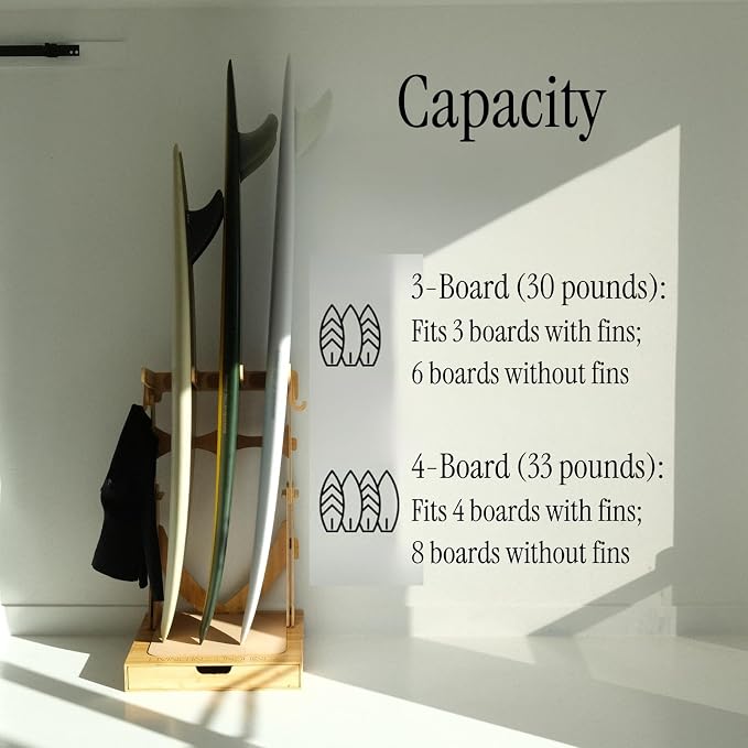 LISS Spirit Surfboard Rack Stand Holder for 3 & 4 Boards, Indoor Storage Display for Longboard, Shortboard, Snowboard, Wakeboard, Skateboard Up to 10Ft Long