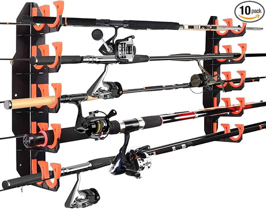Hikeen Fishing Rod Holders, Fishing Pole Holders for Garage, Wall or Ceiling Mounted Fishing Rod Rack Holds Up to 10 Rods（1 Pack）