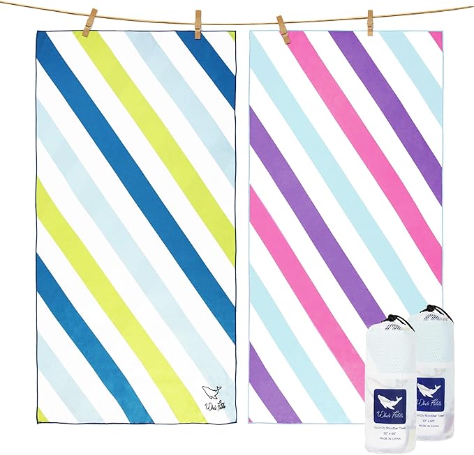 Whale Flotilla 2 Pack Large Quick Dry Beach Towel (30"x60"), Microfiber Sand-Free Beach Towel Set, Super Absorbent Compact Pool Travel Accessories, Green and Pink