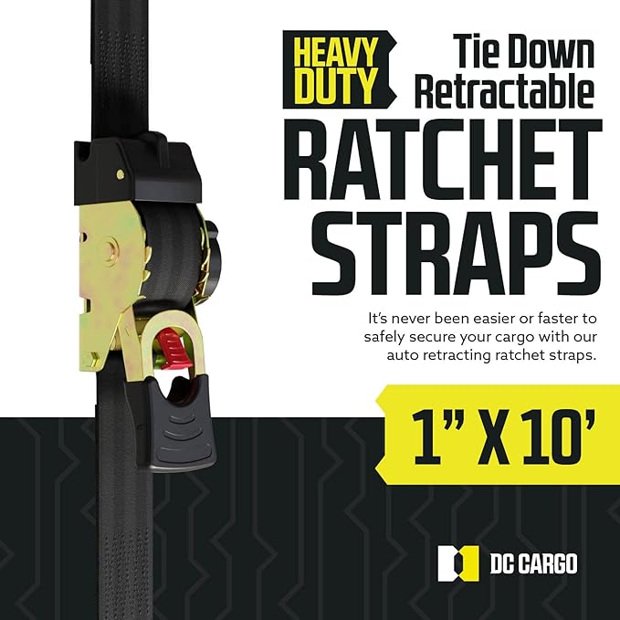 DC Cargo Mall Auto Retractable Ratchet Straps (4-Pack) 1” x 10ft, Heavy Duty, 1,209lb Break Strength – Tie Down Straps for Cargo, Truck, Trailer, Motorcycle, Boat