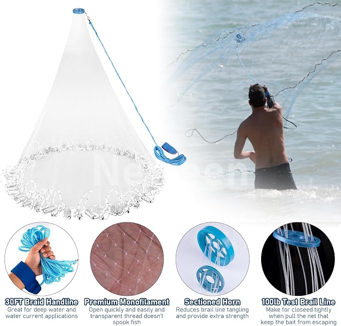 Neween Cast Net for Fishing with Shrimp Cage, American Freshwater Saltwater 3/4/5/6/7/8/9/10Ft Radius Casting Net Bait Trap Fish, Heavy Duty Zinc Sinker, 3/8 Inch Mesh Size