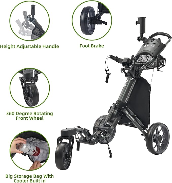 FLAGTAG Golf Push Cart 3 Wheel with 360 Swivel Front Wheel,Lightweight and Foldable Walking Golf Cart，One-Click Foldable,with Foot Brake