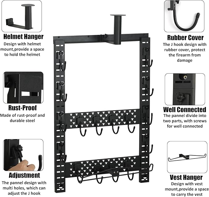 SUNPIE Horizontal Gun Rack Mount 25''W by 35''H, Heavy Duty Steel, Keeps 80lb, Indoor Tools Tactical Guns Racks Set with Helmet Hook and Upgrade Tactical Hanger, Black