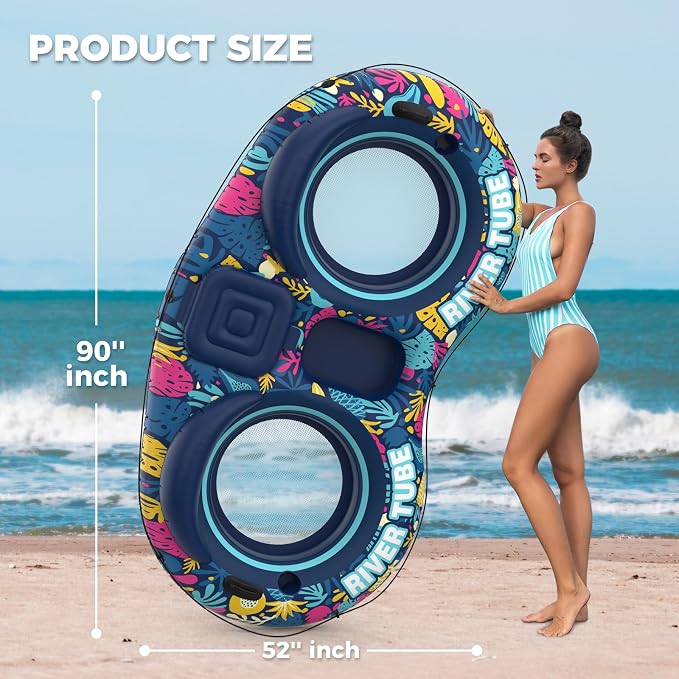 Pool Floats Adult, 2 Person River Tubes Inflatable 5-in-1 Heavy Duty River Raft with Backrests Builtin Cooler 2 Cup Holders Floating Lounge for Lake Swimming Tanning Pool Toys Summer Relaxation