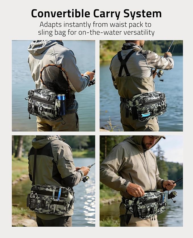 CVLIFE Fishing Tackle Bag Waist Pack with Rod Holder, Waterproof Fanny Pack | 900D Fabric, Convertible Carry, Detachable Shoulder Strap, Landing Net Holster, 3600 Tackle Box, Waterproof Pouch, Carabiners
