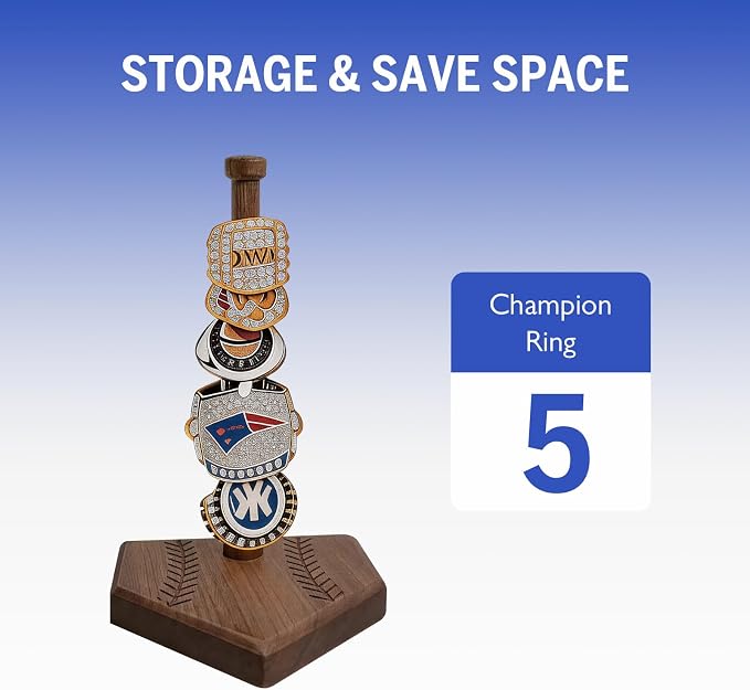 Walnut Wooden Baseball Softball Championship Ring Holder, Softball Ring Organizer Display, Solid Wood Baseball Ring Holder Gift for Boys Girls, Baseball Accessories Storage - Single