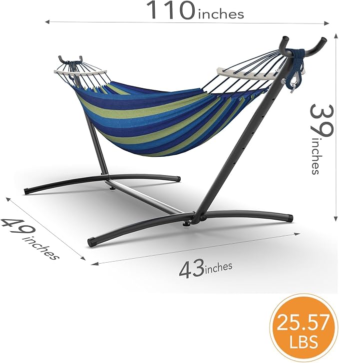Everyfun Double Hammock with Space-Saving Steel Stand, 2 Person Heavy-Duty Hammock for Garden, Yard or Outdoor, 600lbs Capacity, Wide Blue