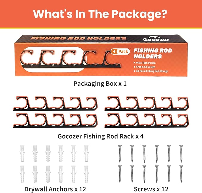 Gocozer Fishing Rod Holder for Garage, H5 Wall or Ceiling Mounted Fishing Pole Holders with Soft Protective Pad, Fishing Rod Storage Organizer, Horizontal Fishing Rod Wall Mount Nets Storage (4 PACK)