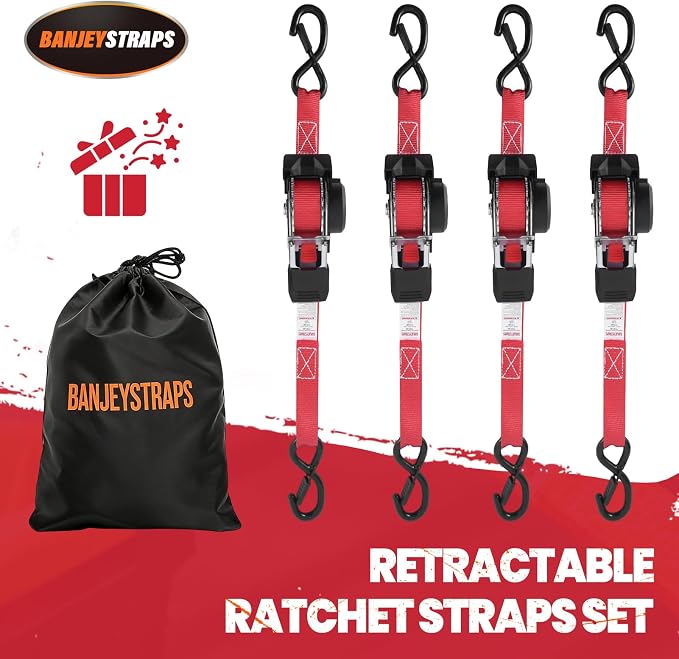 Ratchet Strap Retractable 1" x 10' - 4 Pack, Auto Self Retracting Tie Down Straps with Heavy Duty Ratchet (1540lbs Break Strength), for Motorcycle, ATV, UTV, Truck Cargo