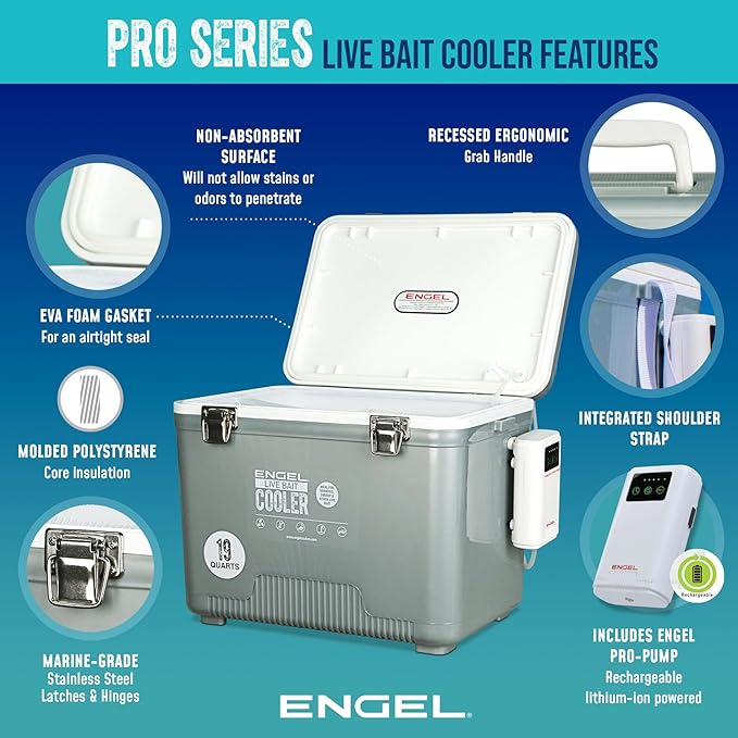 ENGEL Live Bait Cooler PRO for Fishing - Portable Minnow and Bait Bucket with Lithium-Ion Rechargeable Aerator