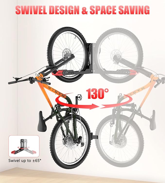 ALIXUEQIN Swivel Bike Wall Mount 2 Pack Bike Rack for Garage, No Heavy Lifting Required Wall Bike Hangers Can Holds up to 77 lbs (Black & Red)