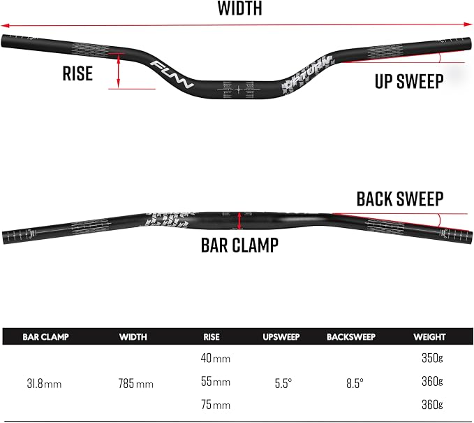 Funn Upturn High-Rise Mountain Bike Handlebar with Bar Clamp 31.8mm and Width 785mm, Durable and Lightweight Alloy Riser Handlebar for MTB and BMX Bike, Rise 55mm MTB Handlebar (Red)