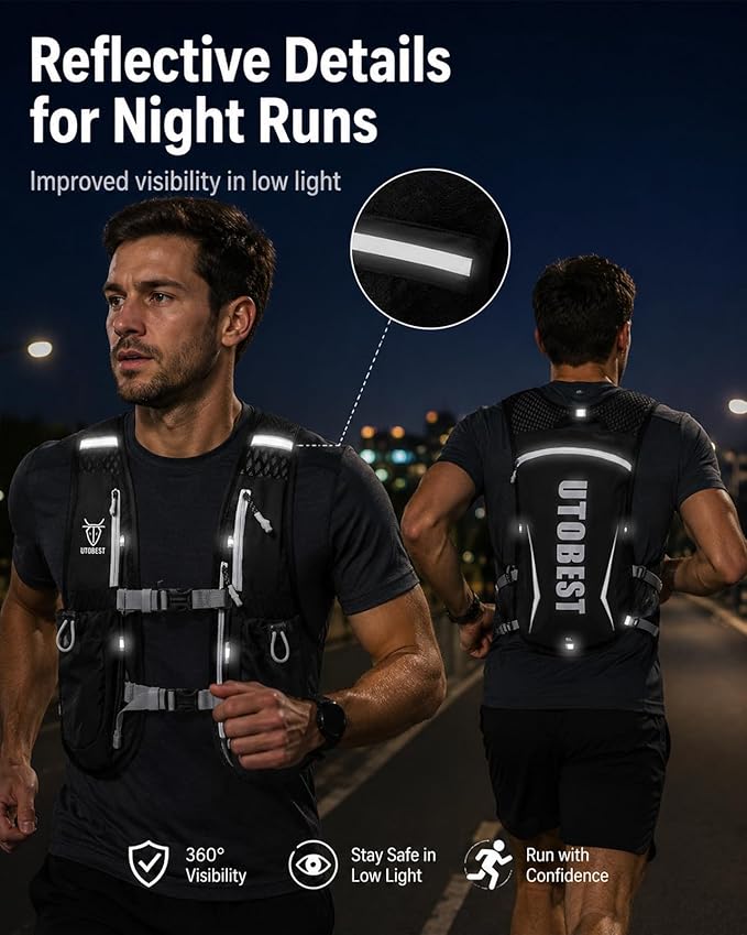 UTOBEST Running Vest, 5L Hydration Vest Lightweight, Breathable and Sweatproof Running Backpack, Adjustable Running Hydration Vest for Trail Running Marathon Race Jogging Cycling