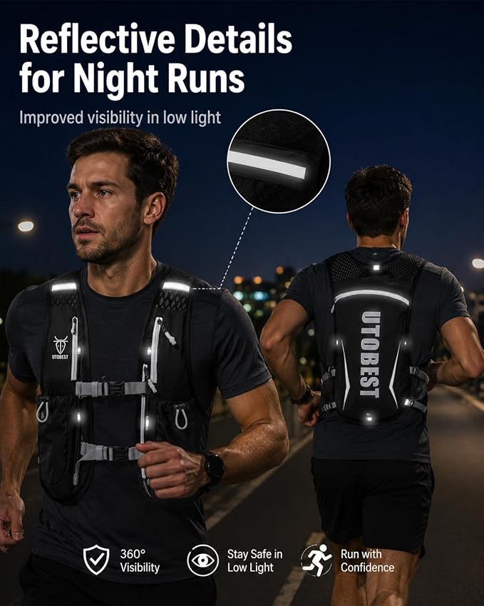UTOBEST Running Vest, 5L Hydration Vest Lightweight, Breathable and Sweatproof Running Backpack, Adjustable Running Hydration Vest for Trail Running Marathon Race Jogging Cycling